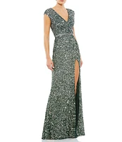 Mac Duggal Sequin V-Neck Thigh High Slit Sleeveless Sheath Gown