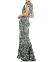 Mac Duggal Sequin V-Neck Thigh High Slit Sleeveless Sheath Gown