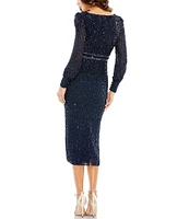 Mac Duggal Sequin V-Neck Long Bishop Sleeve Midi Dress