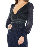 Mac Duggal Sequin V-Neck Long Bishop Sleeve Midi Dress