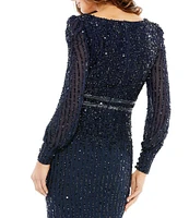 Mac Duggal Sequin V-Neck Long Bishop Sleeve Midi Dress