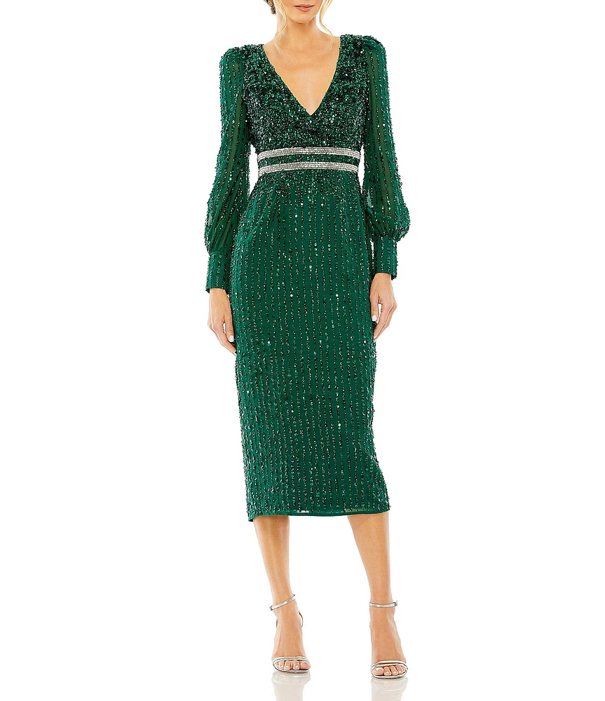 Mac Duggal Sequin V-Neck Long Bishop Sleeve Midi Dress