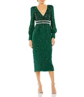 Mac Duggal Sequin V-Neck Long Bishop Sleeve Midi Dress