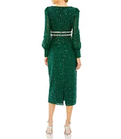 Mac Duggal Sequin V-Neck Long Bishop Sleeve Midi Dress