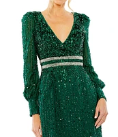 Mac Duggal Sequin V-Neck Long Bishop Sleeve Midi Dress