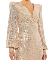 Mac Duggal Sequin V-Neck Long Bishop Sleeve Mini Dress