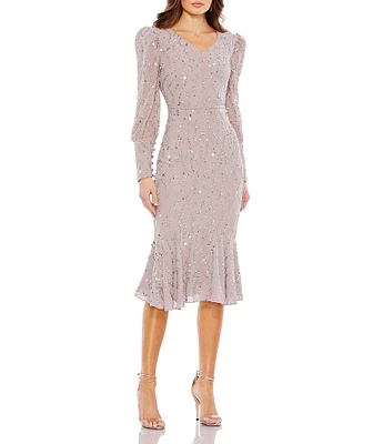 Mac Duggal Sequin V-Neck Long Sleeve Midi Dress