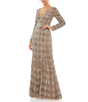 Mac Duggal Sequin Plunge V-Neck Long Sleeve Sheath Gown