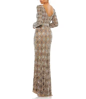 Mac Duggal Sequin Plunge V-Neck Long Sleeve Sheath Gown