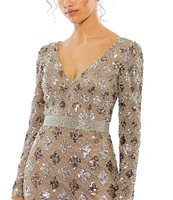 Mac Duggal Sequin Plunge V-Neck Long Sleeve Sheath Gown