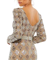 Mac Duggal Sequin Plunge V-Neck Long Sleeve Sheath Gown