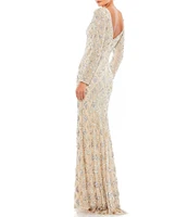 Mac Duggal Sequin Plunge V-Neck Long Sleeve Sheath Gown