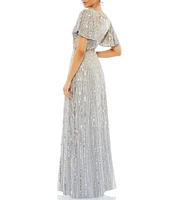 Mac Duggal Sequin V-Neck Short Butterfly Sleeve Gown