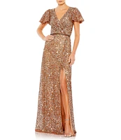 Mac Duggal Sequin V-Neck Short Flutter Sleeve Front Slit Gown