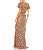 Mac Duggal Sequin V-Neck Short Flutter Sleeve Front Slit Gown