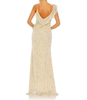 Mac Duggal Sequin V-Neck Sleeveless Cascading Wrap Ruffle Gown