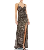 Mac Duggal Sequin V-Neck Sleeveless Faux Wrap Side Slit Gown