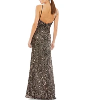 Mac Duggal Sequin V-Neck Sleeveless Faux Wrap Side Slit Gown