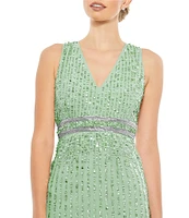 Mac Duggal Sequin V-Neck Sleeveless Midi Dress