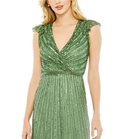 Mac Duggal Sequin V-Neck Wrap Over Cap Sleeve Ruffled Hem Dress