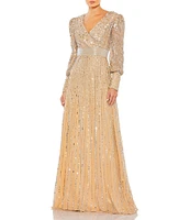 Mac Duggal Sequin Wrap Bodice Long Bishop Sleeve Gown