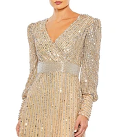 Mac Duggal Sequin Wrap Bodice Long Bishop Sleeve Gown