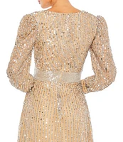 Mac Duggal Sequin Wrap Bodice Long Bishop Sleeve Gown