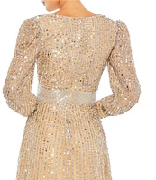 Mac Duggal Sequin Wrap Bodice Long Bishop Sleeve Gown