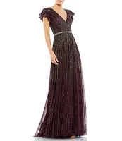 Mac Duggal Sequin Wrap Over Surplice V-Neck Ruffle Cap Sleeve Gown