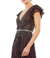 Mac Duggal Sequin Wrap Over Surplice V-Neck Ruffle Cap Sleeve Gown