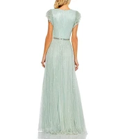 Mac Duggal Sequin Wrap Over Surplice V-Neck Ruffle Cap Sleeve Gown