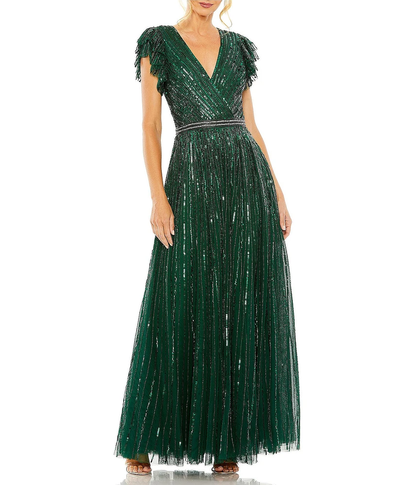 Mac Duggal Sequin Wrap Over Surplice V-Neck Ruffle Cap Sleeve Gown