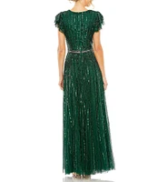 Mac Duggal Sequin Wrap Over Surplice V-Neck Ruffle Cap Sleeve Gown