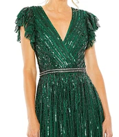 Mac Duggal Sequin Wrap Over Surplice V-Neck Ruffle Cap Sleeve Gown