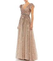 Mac Duggal Sequin Wrap Over Surplice V-Neck Ruffle Cap Sleeve Gown