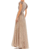 Mac Duggal Sequin Wrap Over Surplice V-Neck Ruffle Cap Sleeve Gown