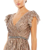 Mac Duggal Sequin Wrap Over Surplice V-Neck Ruffle Cap Sleeve Gown