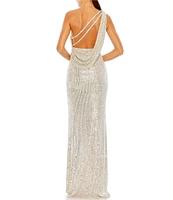 Mac Duggal Sequined Asymmetrical One Shoulder Sleeveless Strappy Open Back Detail Thigh High Slit Gown