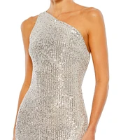 Mac Duggal Sequined Asymmetrical One Shoulder Sleeveless Strappy Open Back Detail Thigh High Slit Gown