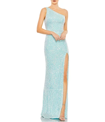 Mac Duggal Sequined Asymmetrical One Shoulder Sleeveless Strappy Open Back Detail Thigh High Slit Gown