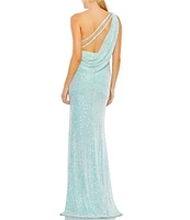 Mac Duggal Sequined Asymmetrical One Shoulder Sleeveless Strappy Open Back Detail Thigh High Slit Gown