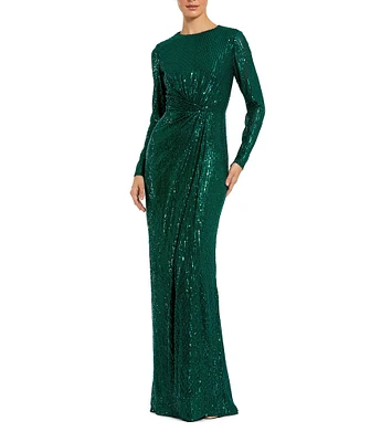 Mac Duggal Sequined Long Sleeve Side Knot Gown