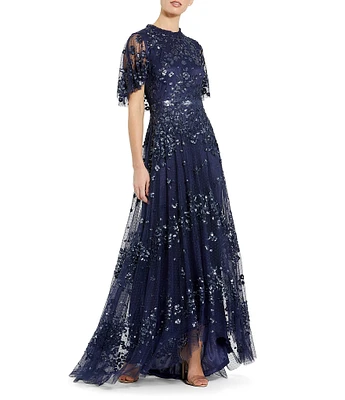 Mac Duggal Sequined Mock Neck Short Flutter Sleeve Asymmetrical Hem Gown