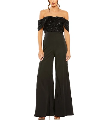 Mac Duggal Sequined Off Shoulder Sleeve Jumpsuit