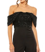 Mac Duggal Sequined Off Shoulder Sleeve Jumpsuit