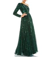 Mac Duggal Sequined Tulle One Shoulder Long Sleeve A-Line Gown