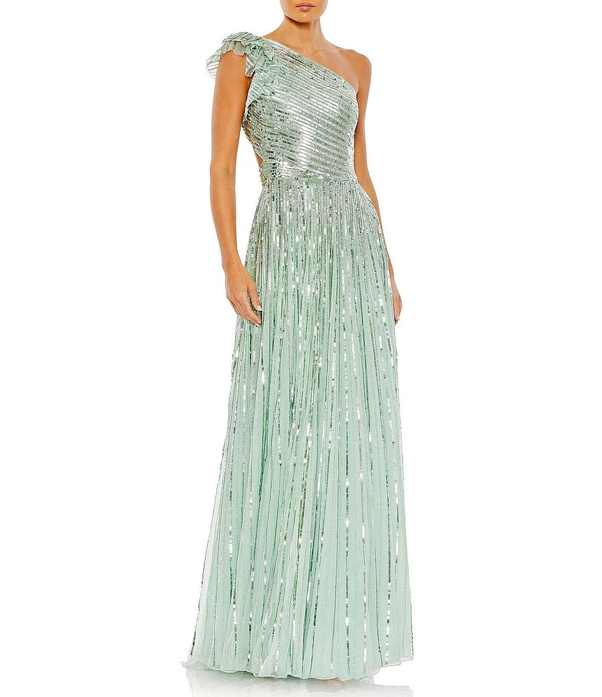 Mac Duggal Sequined One Shoulder Ruffle Flutter Sleeveless Back Detail A-Line Gown