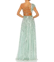 Mac Duggal Sequined One Shoulder Ruffle Flutter Sleeveless Back Detail A-Line Gown