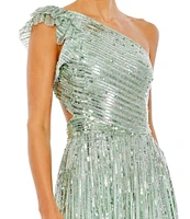 Mac Duggal Sequined One Shoulder Ruffle Flutter Sleeveless Back Detail A-Line Gown