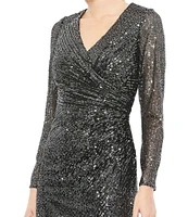 Mac Duggal Sequined Surplice V-Neck Long Sleeve Faux Wrap Dress